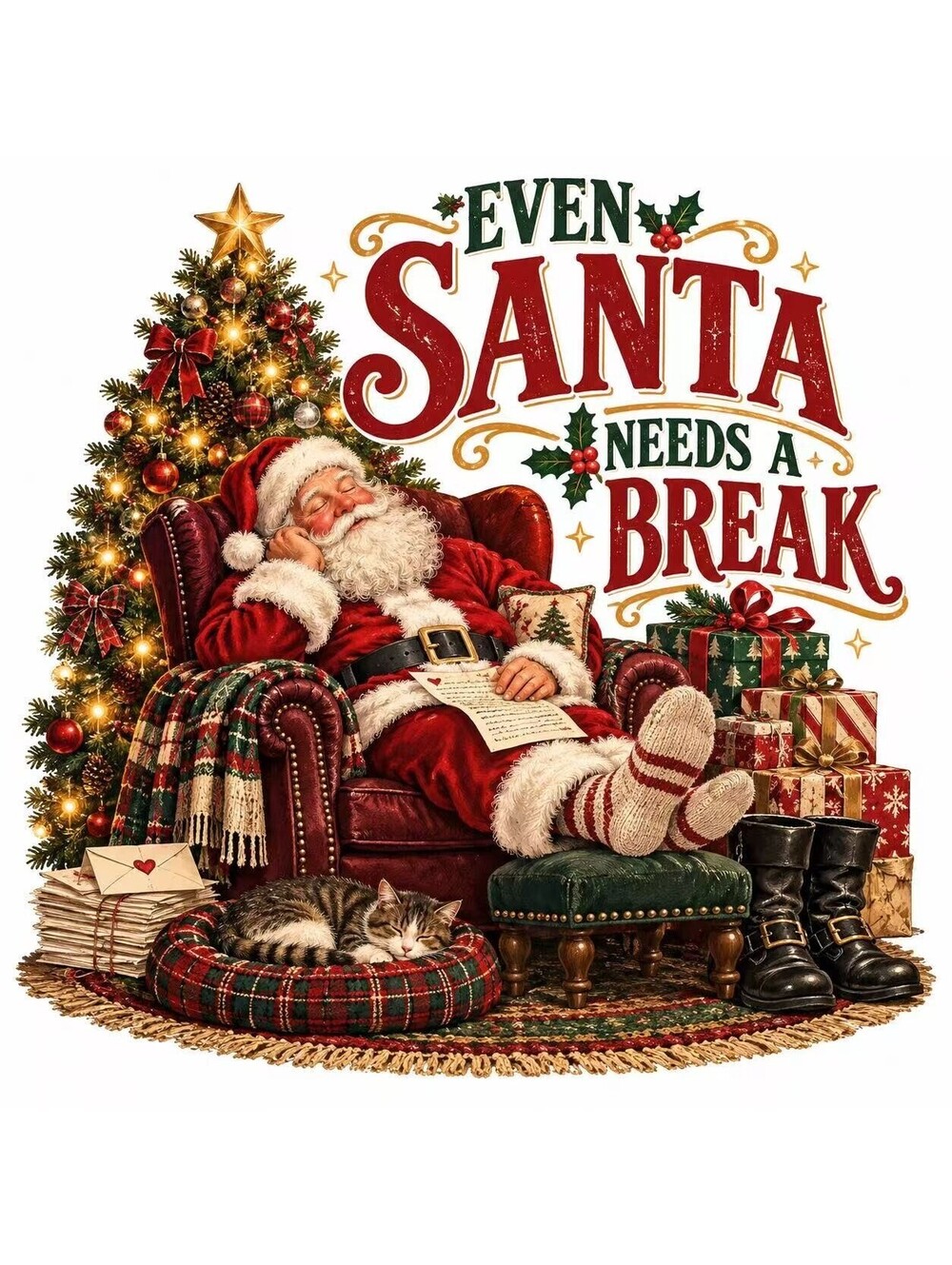 4Pcs Sleeping Santa DTF Transfers 10" Even Santa Needs a Break Christmas